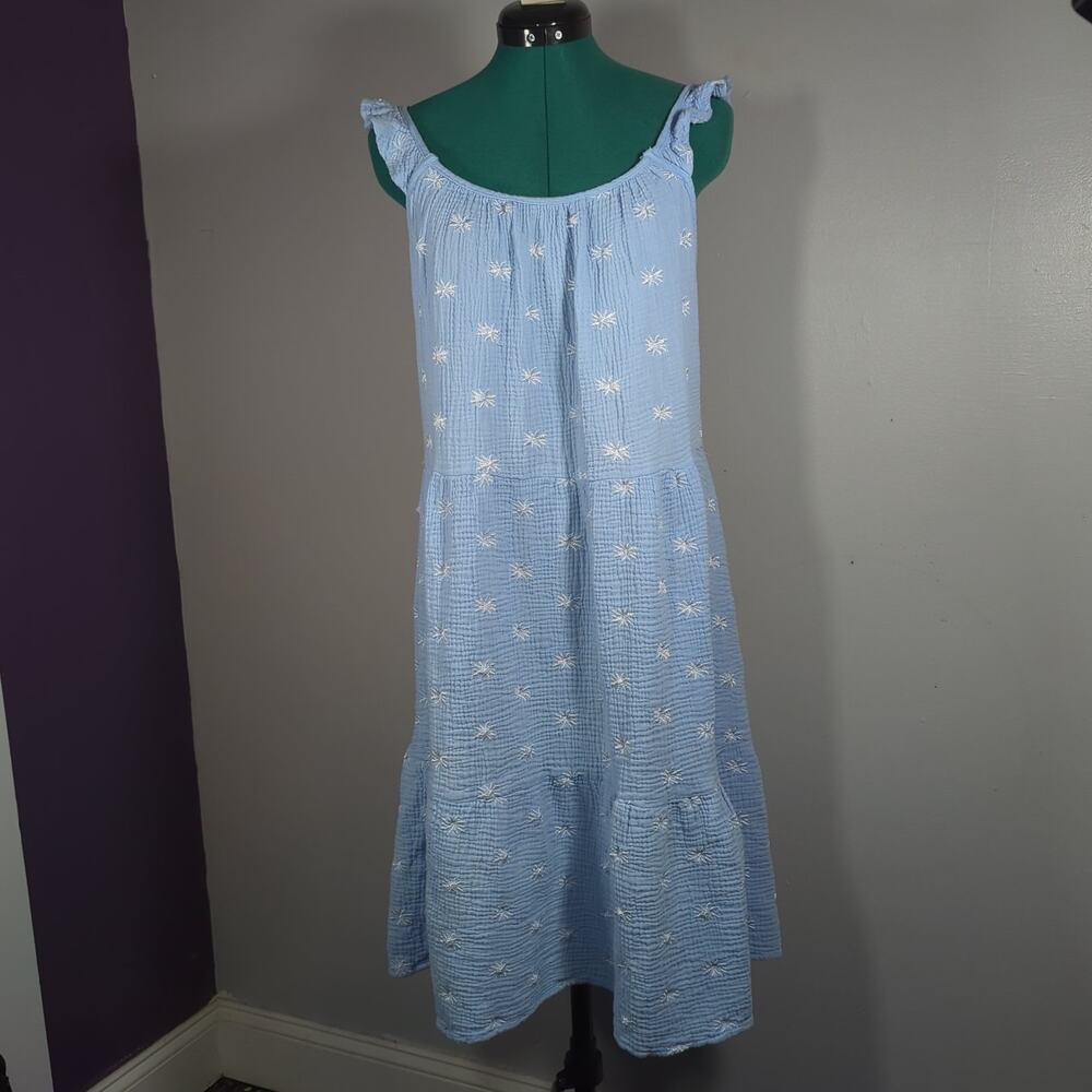 Women’s Light Blue Cotton Gauze Embroidered Tiered Sundress Small